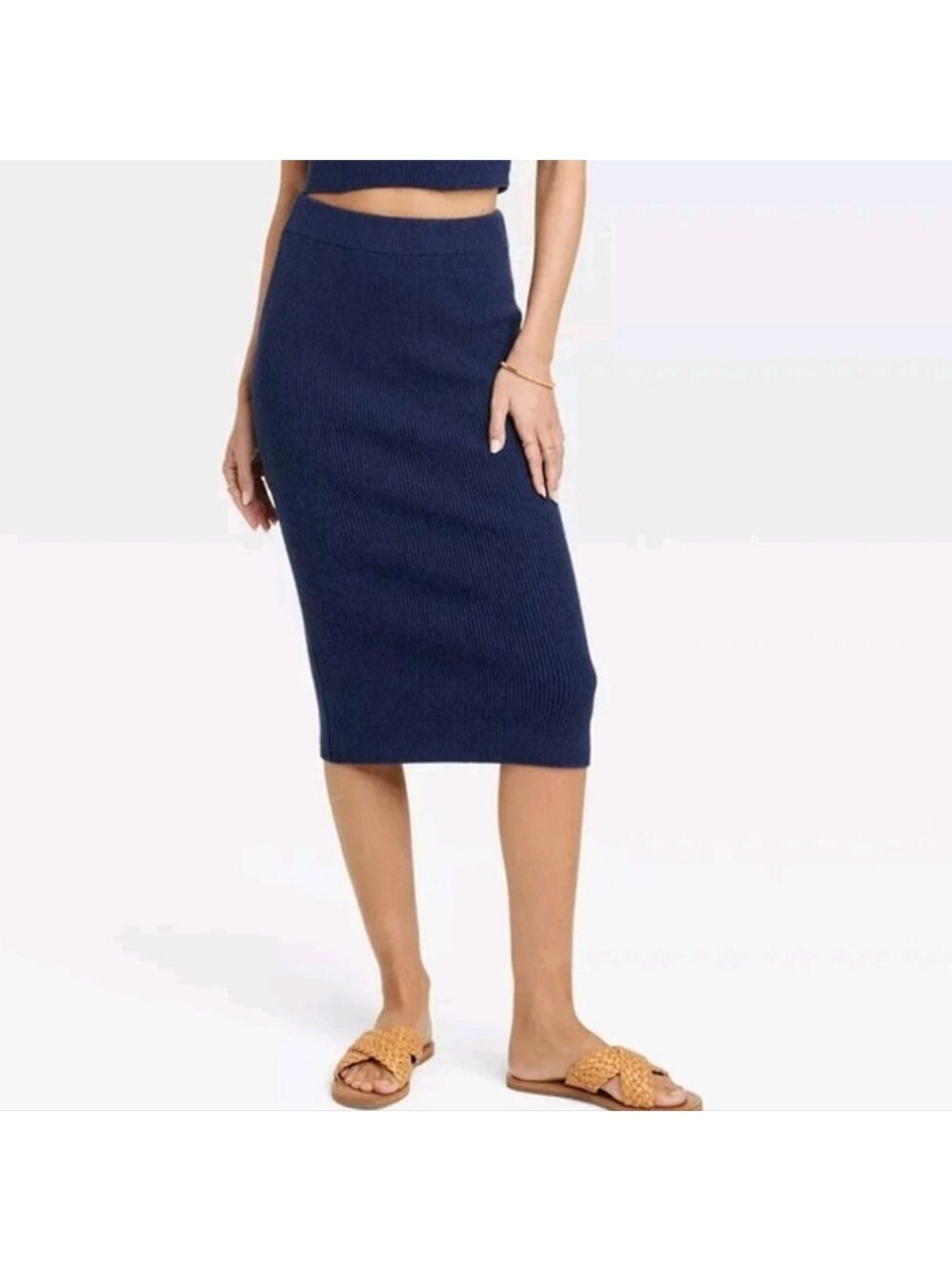 Lulus Navy Ribbed Knit Pencil Skirt Small